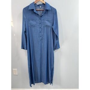 Blue Chambray Style Midi Shirt Dress Button Front Long Sleeve Medium NWOT